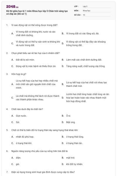 Đề thi giữa học kì 1 môn Khoa học lớp 5 Chân trời sáng tạo có đáp án (Đề số 1)