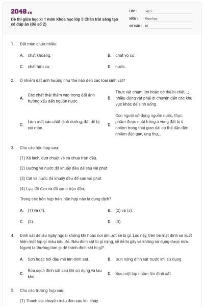 Đề thi giữa học kì 1 môn Khoa học lớp 5 Chân trời sáng tạo có đáp án (Đề số 2)