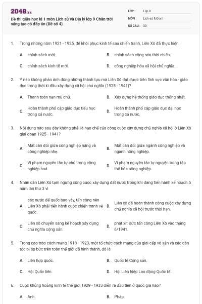 Đề thi giữa học kì 1 môn Lịch sử và Địa lý lớp 9 Chân trời sáng tạo có đáp án (Đề số 4)