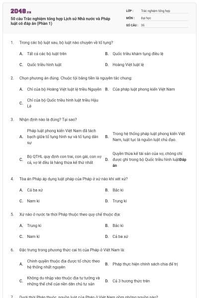 50 câu Trắc nghiệm tổng hợp Lịch sử Nhà nước và Pháp luật có đáp án (Phần 1)