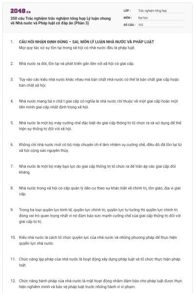 350 câu Trắc nghiệm trắc nghiệm tổng hợp Lý luận chung về Nhà nước và Pháp luật có đáp án (Phần 3)