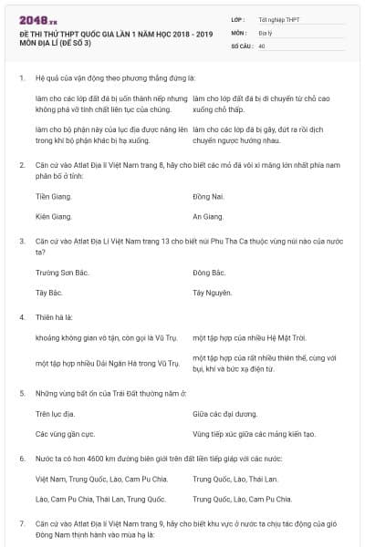 ĐỀ THI THỬ THPT QUỐC GIA LẦN 1 NĂM HỌC 2018 - 2019 MÔN ĐỊA LÍ (ĐẾ SỐ 3)
