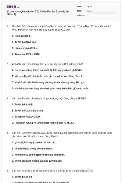 21 câu trắc nghiệm Lịch sử 12 Cánh diều Bài 5 có đáp án (Phần 2)