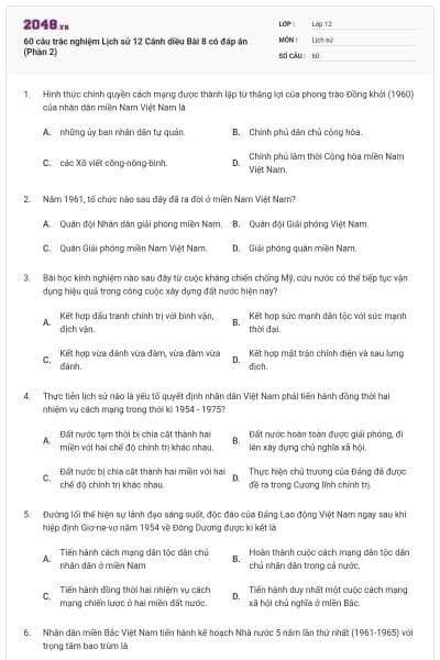60 câu trắc nghiệm Lịch sử 12 Cánh diều Bài 8 có đáp án (Phần 2)