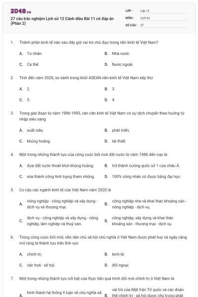 27 câu trắc nghiệm Lịch sử 12 Cánh diều Bài 11 có đáp án (Phần 2)