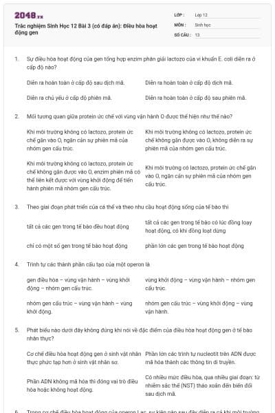 Trắc nghiệm Sinh Học 12 Bài 3 (có đáp án): Điều hòa hoạt động gen