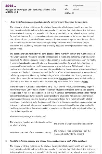 Đề luyện thi THPT Quốc Gia - Năm 2020 Môn thi: TIẾNG ANH (Đề số 4)