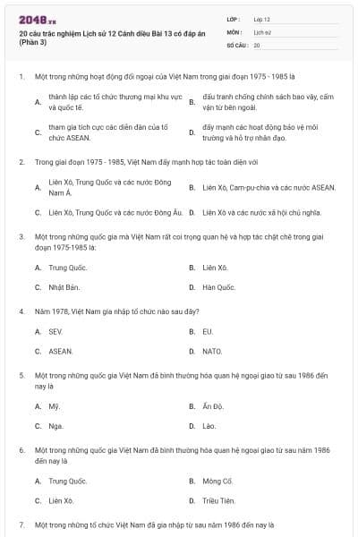20 câu trắc nghiệm Lịch sử 12 Cánh diều Bài 13 có đáp án (Phần 3)