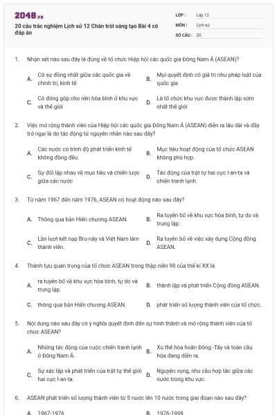 20 câu trắc nghiệm Lịch sử 12 Chân trời sáng tạo Bài 4 có đáp án