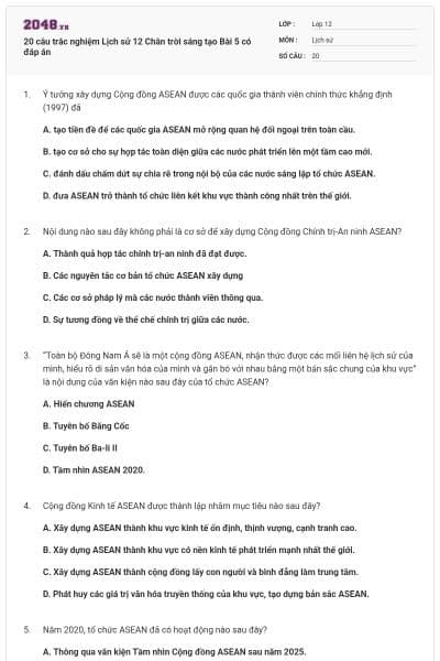 20 câu trắc nghiệm Lịch sử 12 Chân trời sáng tạo Bài 5 có đáp án