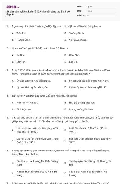 26 câu trắc nghiệm Lịch sử 12 Chân trời sáng tạo Bài 6 có đáp án