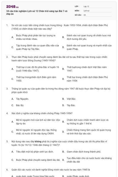 34 câu trắc nghiệm Lịch sử 12 Chân trời sáng tạo Bài 7 có đáp án