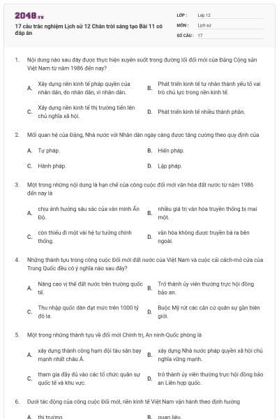 17 câu trắc nghiệm Lịch sử 12 Chân trời sáng tạo Bài 11 có đáp án