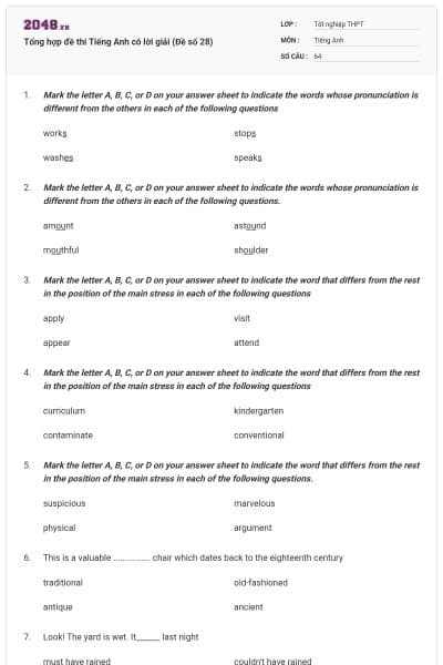 Tổng hợp đề thi Tiếng Anh có lời giải (Đề số 28)