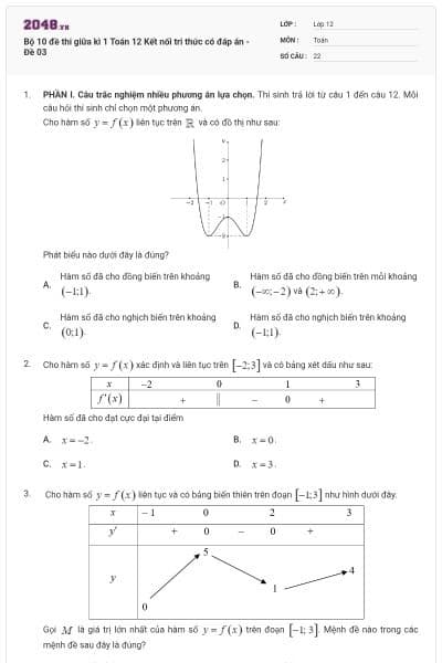 Bộ 10 đề thi giữa kì 1 Toán 12 Kết nối tri thức có đáp án - Đề 03