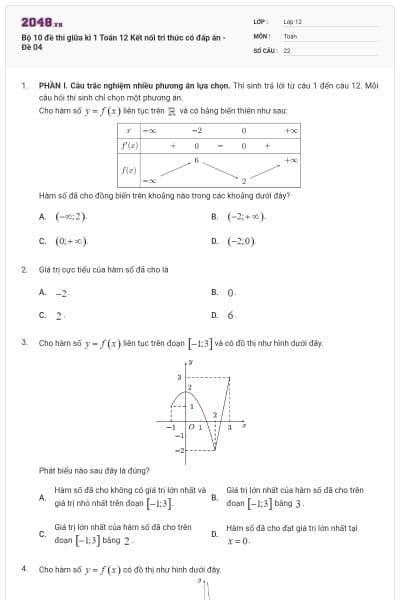 Bộ 10 đề thi giữa kì 1 Toán 12 Kết nối tri thức có đáp án - Đề 04