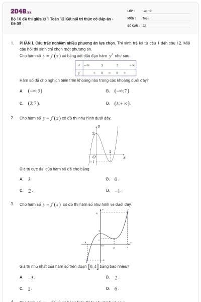 Bộ 10 đề thi giữa kì 1 Toán 12 Kết nối tri thức có đáp án - Đề 05