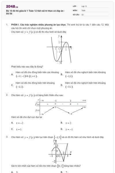 Bộ 10 đề thi giữa kì 1 Toán 12 Kết nối tri thức có đáp án - Đề 06
