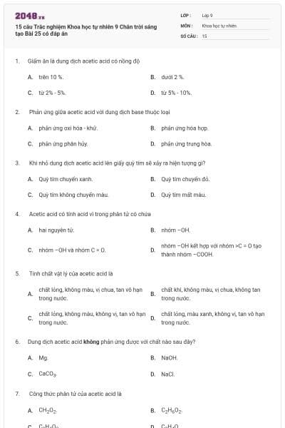 15 câu Trắc nghiệm Khoa học tự nhiên 9 Chân trời sáng tạo Bài 25 có đáp án