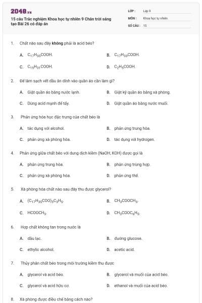 15 câu Trắc nghiệm Khoa học tự nhiên 9 Chân trời sáng tạo Bài 26 có đáp án