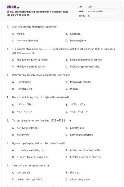15 câu Trắc nghiệm Khoa học tự nhiên 9 Chân trời sáng tạo Bài 30 có đáp án