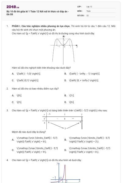Bộ 10 đề thi giữa kì 1 Toán 12 Kết nối tri thức có đáp án - Đề 08