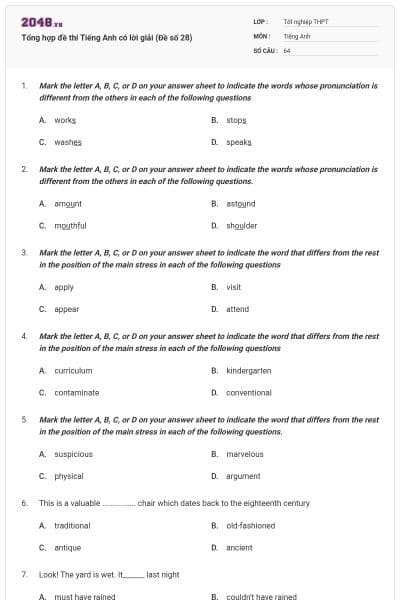 Tổng hợp đề thi Tiếng Anh có lời giải (Đề số 28)