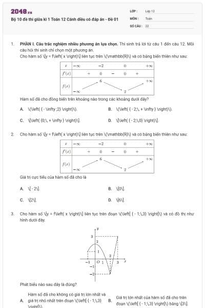 Bộ 10 đề thi giữa kì 1 Toán 12 Cánh diều có đáp án - Đề 01