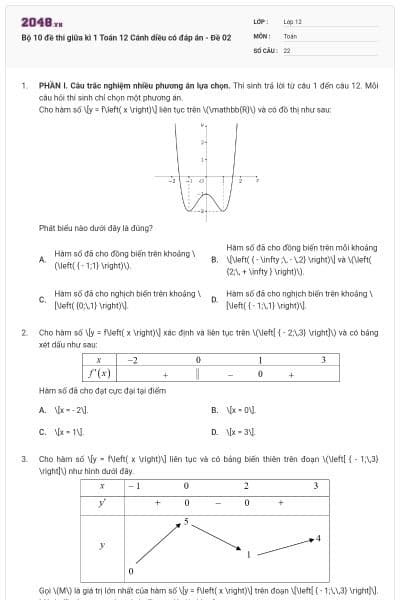 Bộ 10 đề thi giữa kì 1 Toán 12 Cánh diều có đáp án - Đề 02
