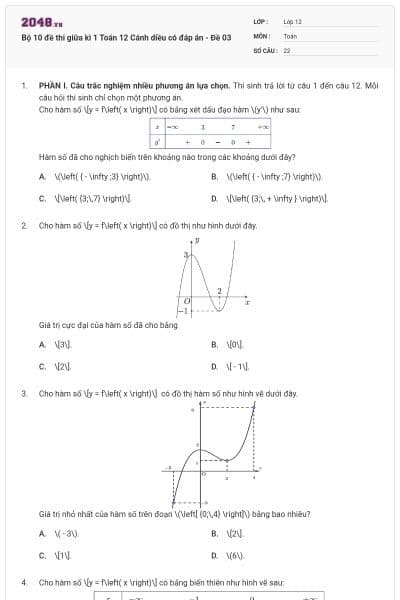 Bộ 10 đề thi giữa kì 1 Toán 12 Cánh diều có đáp án - Đề 03