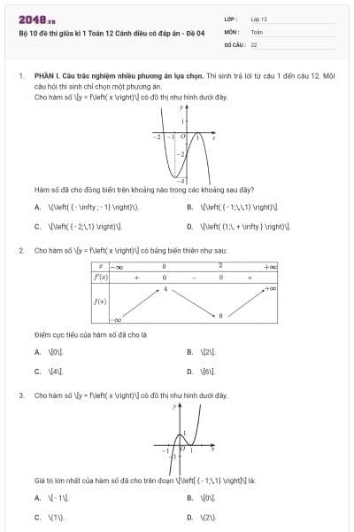 Bộ 10 đề thi giữa kì 1 Toán 12 Cánh diều có đáp án - Đề 04