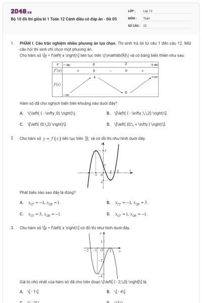 Bộ 10 đề thi giữa kì 1 Toán 12 Cánh diều có đáp án - Đề 05