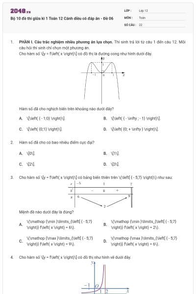 Bộ 10 đề thi giữa kì 1 Toán 12 Cánh diều có đáp án - Đề 06