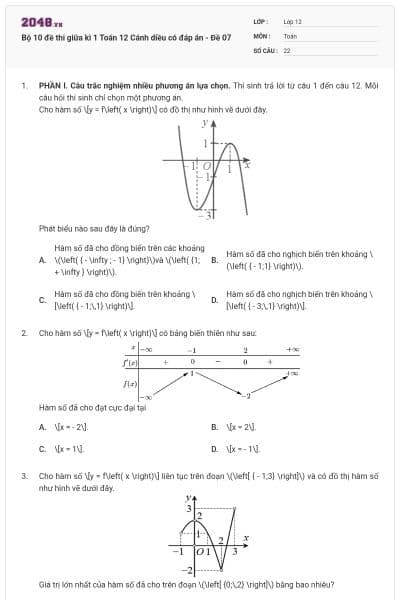 Bộ 10 đề thi giữa kì 1 Toán 12 Cánh diều có đáp án - Đề 07