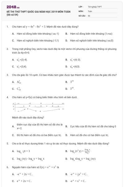 ĐỀ THI THỬ THPT QUỐC GIA NĂM HỌC 2019 MÔN TOÁN (Đề số 04)