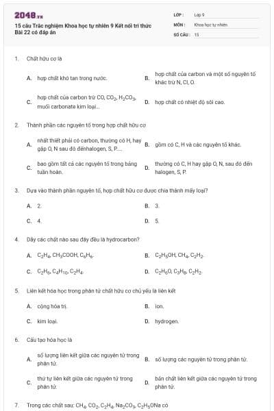 15 câu Trắc nghiệm Khoa học tự nhiên 9 Kết nối tri thức Bài 22 có đáp án