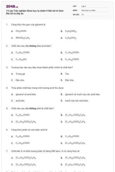 15 câu Trắc nghiệm Khoa học tự nhiên 9 Kết nối tri thức Bài 28 có đáp án