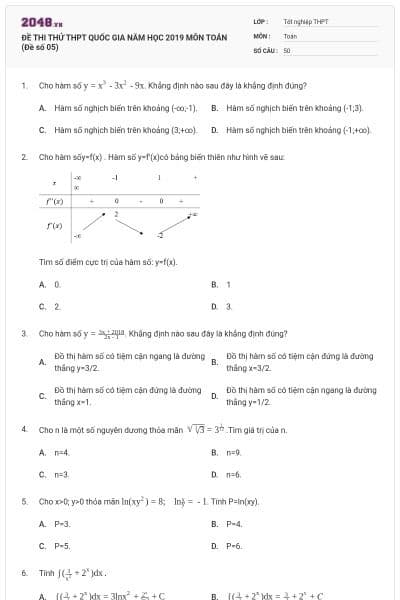 ĐỀ THI THỬ THPT QUỐC GIA NĂM HỌC 2019 MÔN TOÁN (Đề số 05)