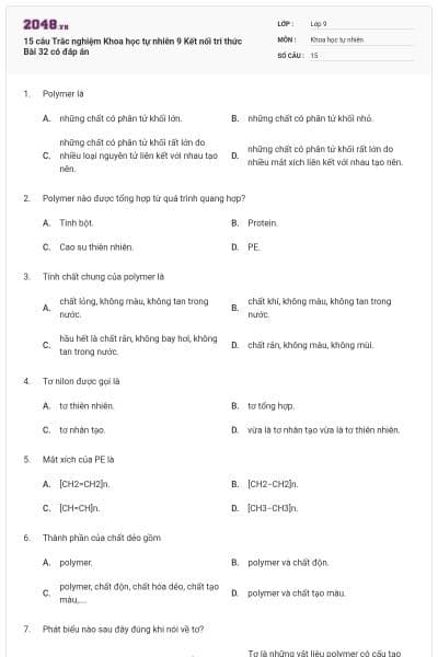 15 câu Trắc nghiệm Khoa học tự nhiên 9 Kết nối tri thức Bài 32 có đáp án