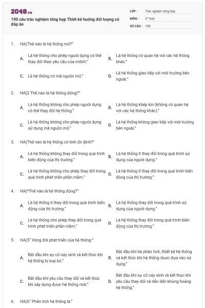 190 câu trắc nghiệm tổng hợp Thiết kế hướng đối tượng có đáp án