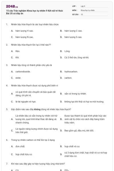 15 câu Trắc nghiệm Khoa học tự nhiên 9 Kết nối tri thức Bài 35 có đáp án