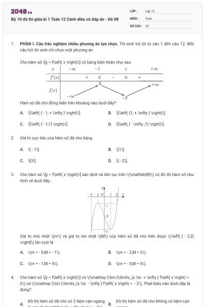 Bộ 10 đề thi giữa kì 1 Toán 12 Cánh diều có đáp án - Đề 08