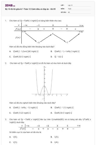 Bộ 10 đề thi giữa kì 1 Toán 12 Cánh diều có đáp án - Đề 09