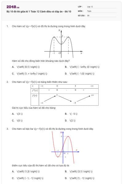 Bộ 10 đề thi giữa kì 1 Toán 12 Cánh diều có đáp án - Đề 10