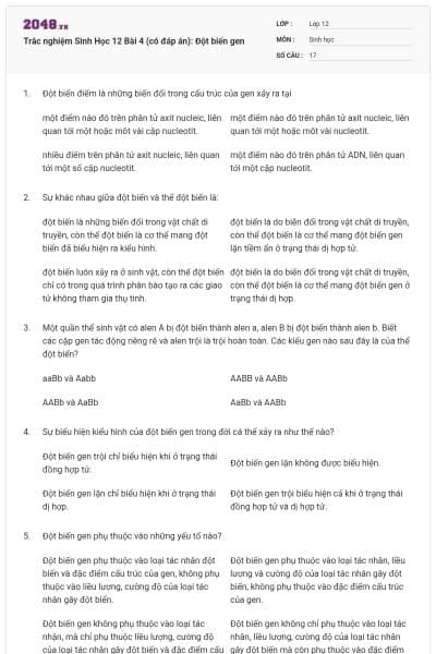 Trắc nghiệm Sinh Học 12 Bài 4 (có đáp án): Đột biến gen