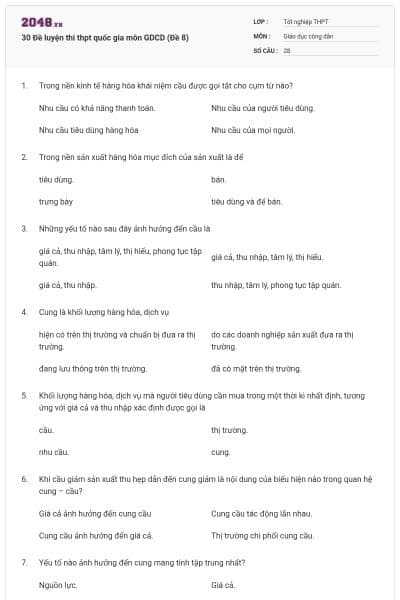 30 Đề luyện thi thpt quốc gia môn GDCD (Đề 8)