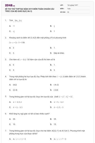 ĐỀ THI THỬ THPTQG NĂM 2019 MÔN TOÁN CHUẨN CẤU TRÚC CỦA BỘ GIÁO DỤC( Đề 3)