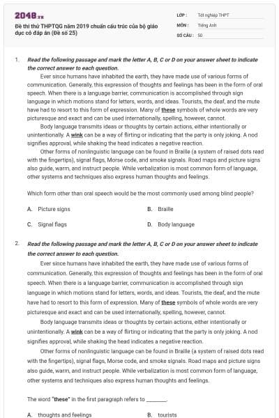 Đề thi thử THPTQG năm 2019 chuẩn cấu trúc của bộ giáo dục có đáp án (Đề số 25)