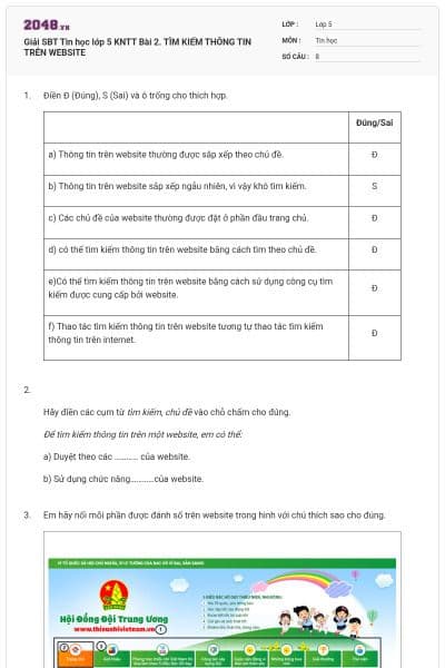 Giải SBT Tin học lớp 5 KNTT Bài 2. TÌM KIẾM THÔNG TIN TRÊN WEBSITE