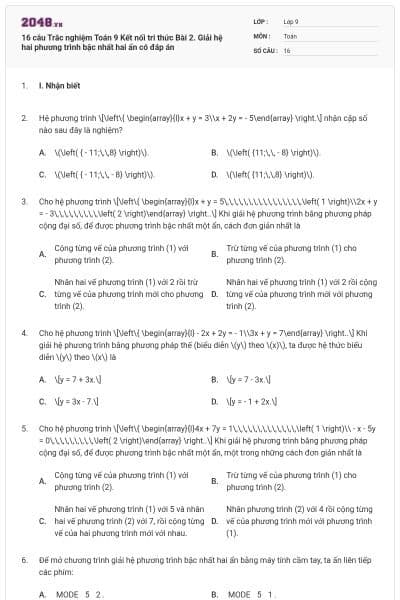 16 câu Trắc nghiệm Toán 9 Kết nối tri thức Bài 2. Giải hệ hai phương trình bậc nhất hai ẩn có đáp án
